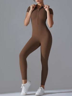 Solid Color Zipper Skinny Nine Points Pants Yoga Bodysuit